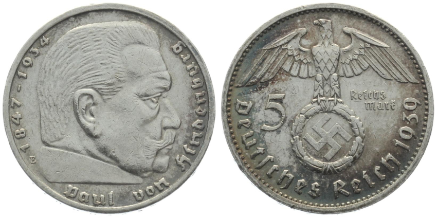 3. Reich 5 Mark 1939 E - Adler über Hakenkreuz